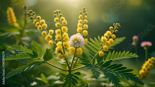 Mimosa pudica plant with vibrant yellow wattle flowers in nature