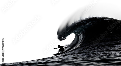 A surfer rides a large wave in the ocean with a white background