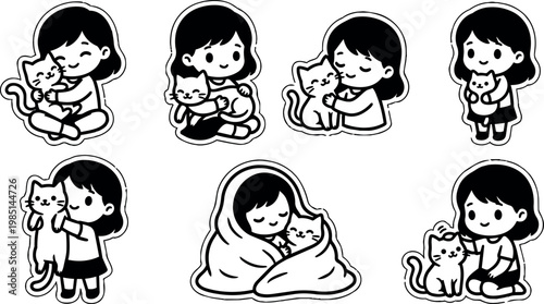 Black and white line art girl hugging and playing with cat in various poses