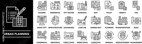 Urban Planning outline icon collection set. Containing design city planning, smart city, urban development, city infrastructure