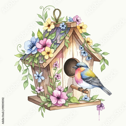 A small wooden birdhouse with a hole and a pitched roof hangs from a tree branch in a garden, providing a decorative spring nest for nature’s birds