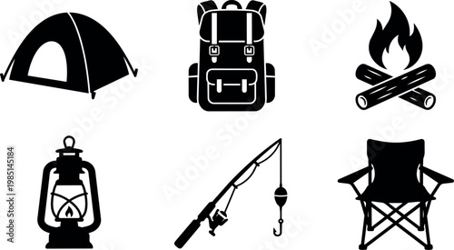 Black camping equipment icons set with tent backpack campfire lantern fishing rod and chair illustration