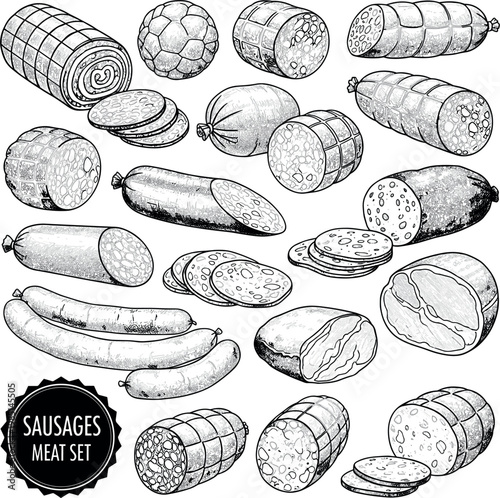 Set of Vector Illustrations Featuring Various Sausages and Processed Meat Products for Culinary and Food Industry Designs