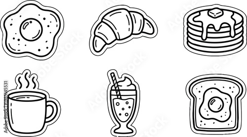 Black and white line art breakfast foods with fried egg croissant pancakes coffee toast and milkshake