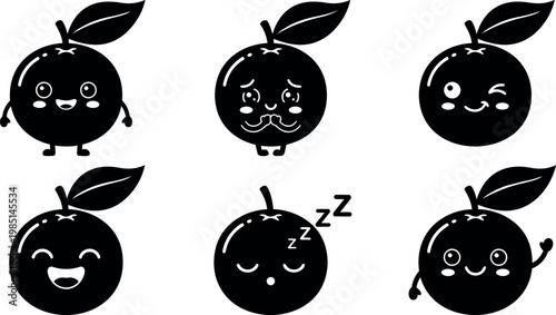 Cute orange fruits with various facial expressions and leaf