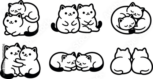 Cute black and white line art of six pairs of cats in different affectionate poses