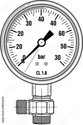Vector Illustration of a Mechanical Pressure Gauge with Bar Scale for Industrial and Engineering Applications