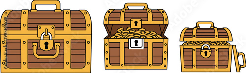 Set of Vector Illustrations Featuring Wooden Treasure Chests with Coins for Pirate, Adventure, and Fantasy Designs
