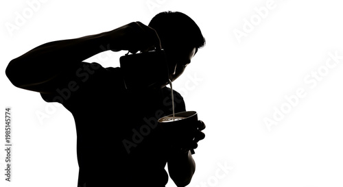A silhouette of a man drinking from a cup with his hand on his head