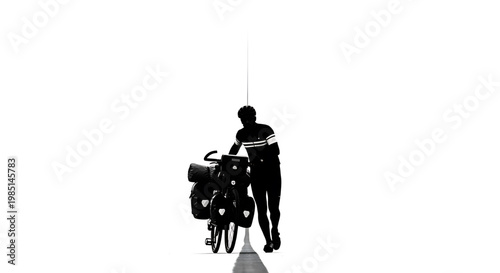 A silhouette of a person pushing a bicycle with luggage on a path