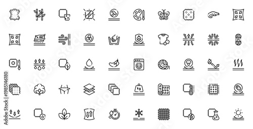Fabric Features icon set. Vector material collection. Includes leather, bamboo, cork, cotton, silk, wool, waterproof, breathable, eco-friendly and more. Editable stroke.
