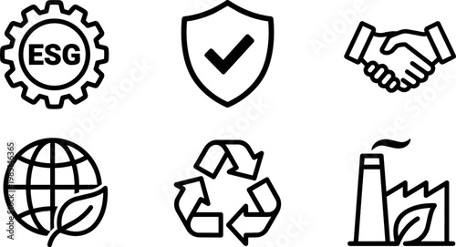 Black and white esg gear shield handshake globe recycling and factory icons set