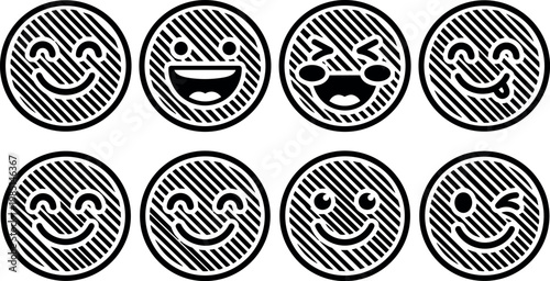 Eight happy smiling emoticon faces with diagonal stripes