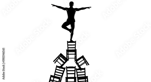 A black silhouette of a man balancing on one leg on top of a precarious stack of chairs