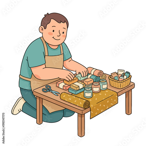 Creative home business owner arranging handmade products neatly on a compact worktable in a warm cartoon flat vector illustration isolated on white background
