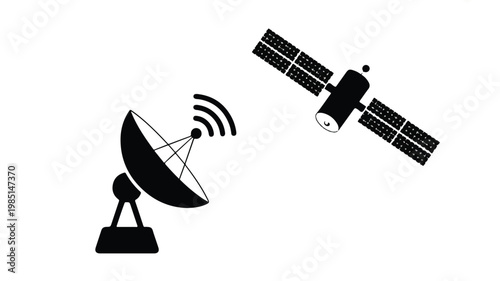 A minimalist icon design of a folding satellite dish communicating with a solar powered spacecraft in space.