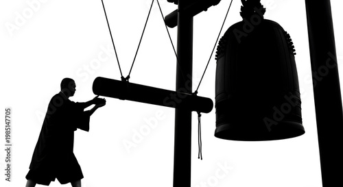 A black silhouette of a man ringing a large bell with a wooden beam