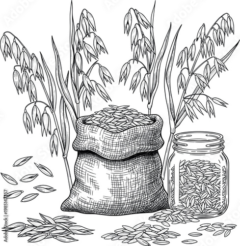 Set of Vector Illustrations Featuring Oats, Oatmeal, and Oat Products in a Sack and Jar for Agriculture and Food Designs