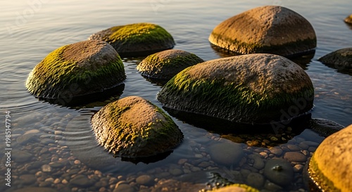 Mossy Rocks in Calm Water at Sunset.