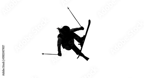 A silhouette of a skier in mid-air, performing a daring stunt on a snowy slope