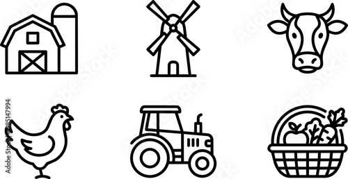 Black and white line art farm animals tractor basket and windmill icons