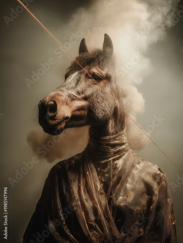 Surreal photo of woman in kimono with horse head