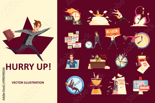 Time management concept illustration with busy character rushing through tasks, clocks, deadlines, productivity tools, and organized work schedule design