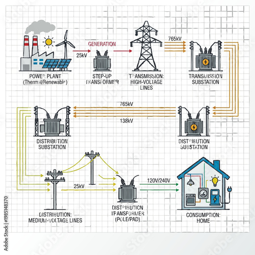 vector infographic illustrates the journey of electricity from generation (thermal and renewable plants) through high-voltage transmission and distribution substations to final consumption in a home.
