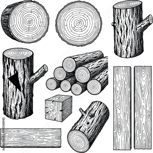 Set of Vector Illustrations Featuring Various Logs, Wood Pieces, and Timber for Construction, Forestry, and Nature Designs