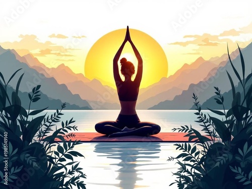 Woman yoga pose sunset silhouette 3D render mint gold