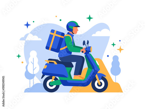 Express Delivery Service with a Courier on a Scooter Transporting Goods Quickly and Reliably