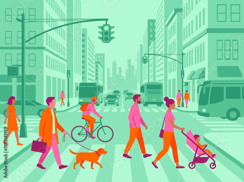 Lively city street scene with diverse pedestrians, cyclists, and vehicles moving through an urban intersection