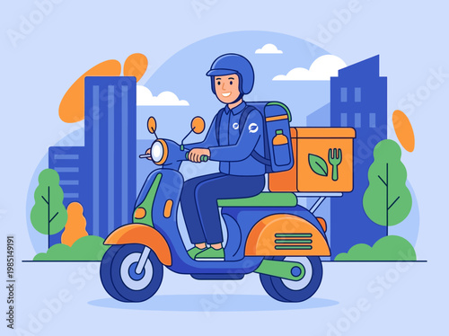 Sustainable Food Delivery Service by Scooter in a Vibrant City Environment