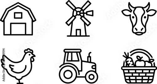 Black and white line art farm icons including barn windmill cow chicken tractor and basket