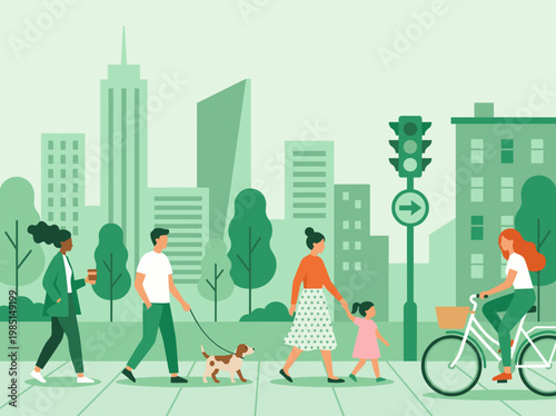 Diverse people walking, cycling, and enjoying a sustainable green city environment