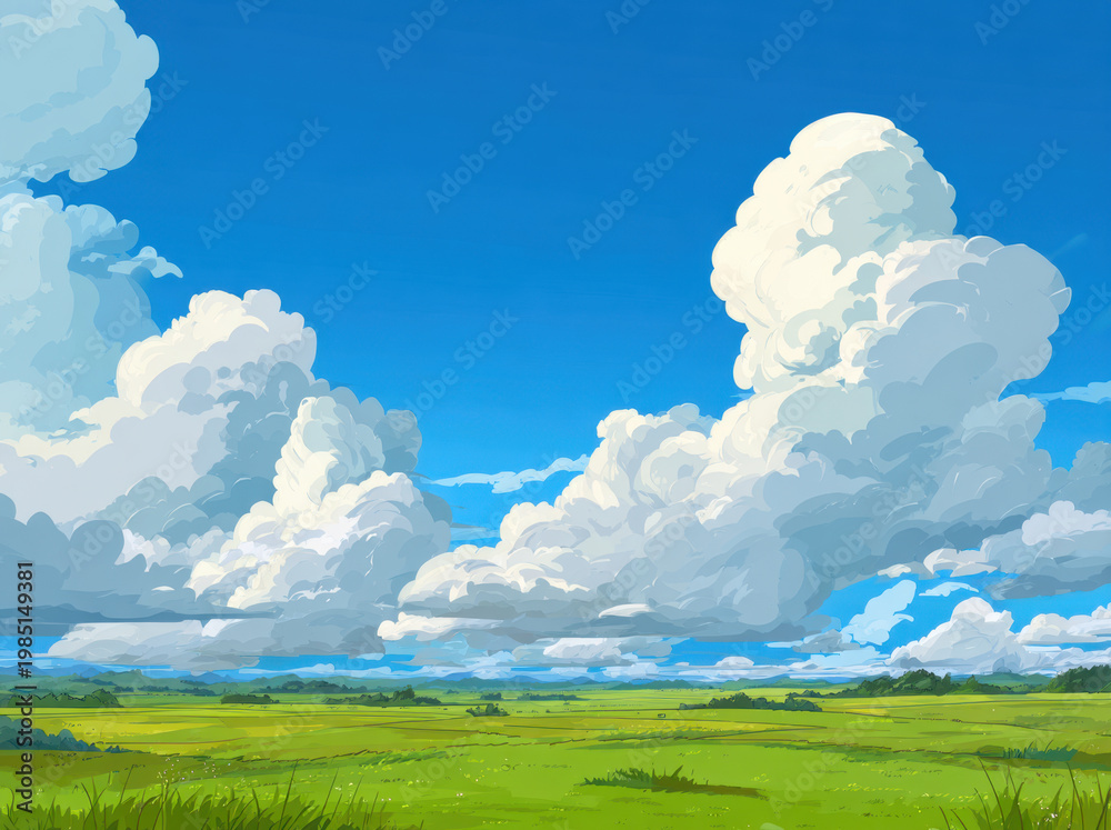 Fototapeta premium Vibrant landscape featuring bright blue sky adorned with fluffy white clouds above lush green grassland. scene evokes sense of tranquility and natural beauty, perfect for relaxation