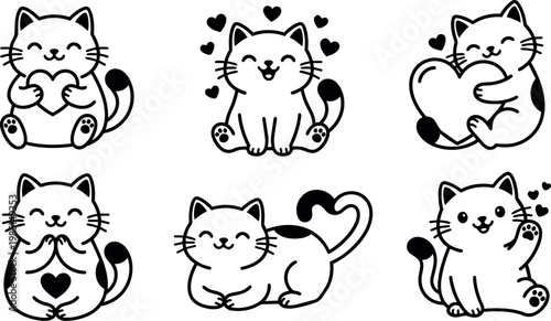 Black and white line art cute cats with hearts sitting and hugging