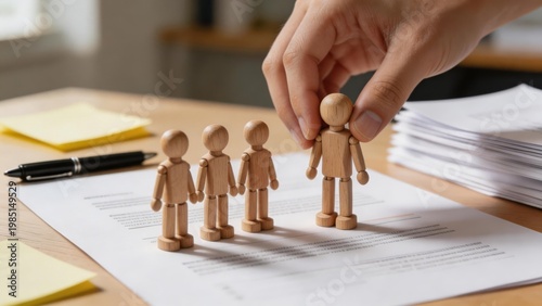 Hand arranges wooden figurines on office paperwork, symbolizing team management or organizational planning in a professional workspace.