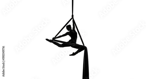 A woman performs an aerial silks pose in a studio with a white background