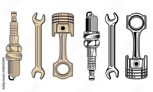 Automotive Spare Parts Collection Featuring Vintage Style Spark Plug, Wrench, and Piston with Rod. Hand Drawn Engraving Vector Elements for Car Service and Mechanical Repair Shop Design.