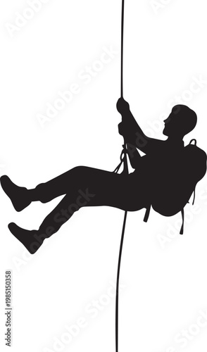 Silhouette of a person rappelling down a vertical rope with safety gear.
