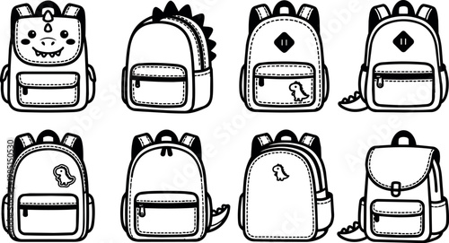 Black and white line art dinosaur backpacks with pockets and tail accents