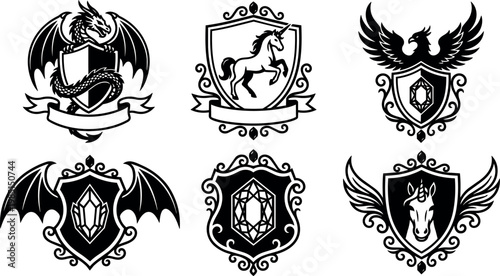 Black and white heraldic shields with dragon unicorn and phoenix with gemstones vector art