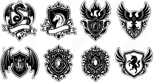 Black and white heraldic shields with dragon unicorn phoenix and crystal emblems