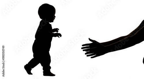 A silhouette of a toddler walking towards an outstretched hand on a white background