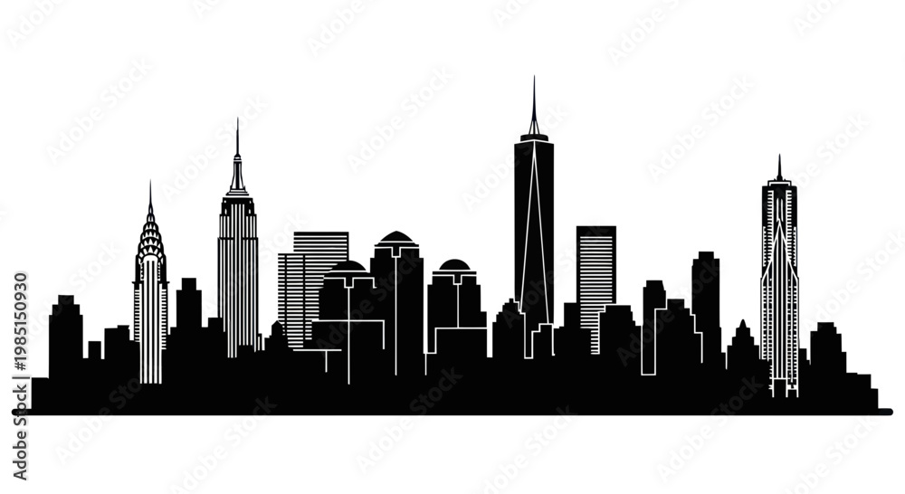 Obraz premium New York City Skyline Silhouette - Iconic Buildings Black and White