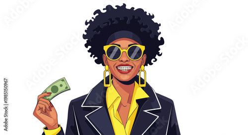 Stylish Black Woman With Afro Hair Holding Money, Wearing Sunglasses and Earrings