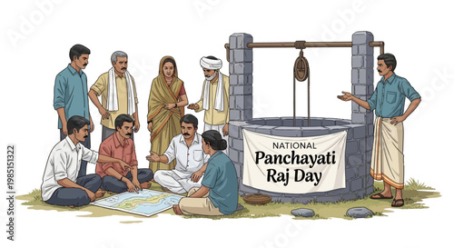 Illustrated scene depicting Indian villagers gathered around a well on National Panchayati Raj Day, reviewing a map with a focus on rural development and local governance, rendered