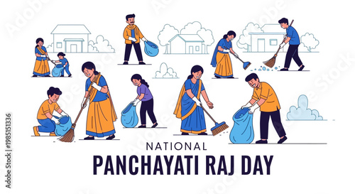 Vector illustration depicting National Panchayati Raj Day, where villagers are shown cleaning their locality using brooms and garbage bags in a flat lay composition, symbolizing local