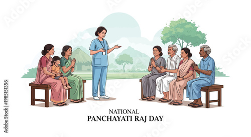 Illustrative vector art depicts an Indian local government concept for National Panchayati Raj Day, showcasing a village council meeting with community members listening against a clean